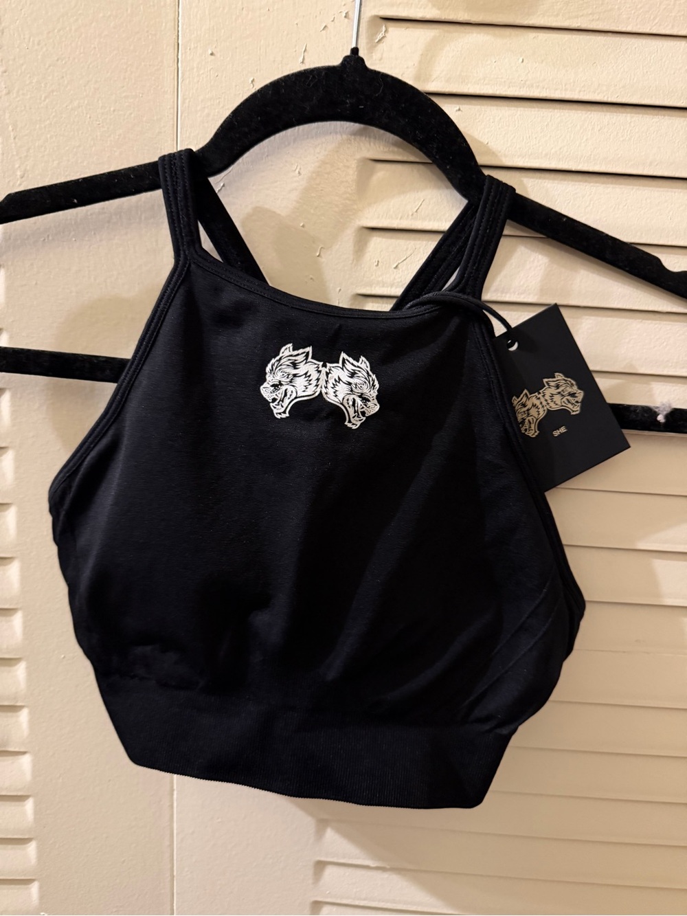 Darc Sport Black High-Neck Crop Bralette with White Twin-Wolf Patch